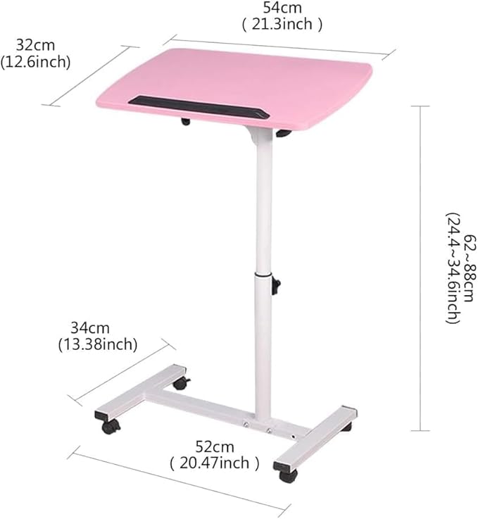 YXQ Pink Standing Desk Rolling Adjustable Angle & Height Laptop Desk with Wheels Small Computer Cart Over Bed Table Mobile Laptop Table for Home Office
