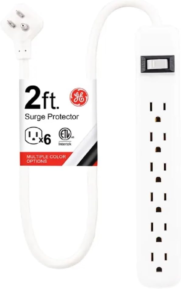 GE 6-Outlet Surge Protector, 2 Ft Extension Cord, Power Strip, 450 Joules, Twist-to-Close Safety Covers, UL Listed, White, 33656