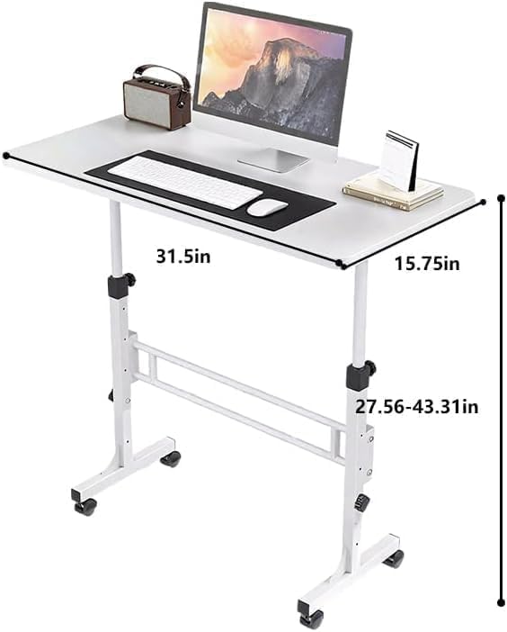 Adjustable Height Rolling Standing Desk with Lockable Wheels,Compact Laptop Desk for Home Office, Dorm, or Bedroom - 15.75" x31.5” - White