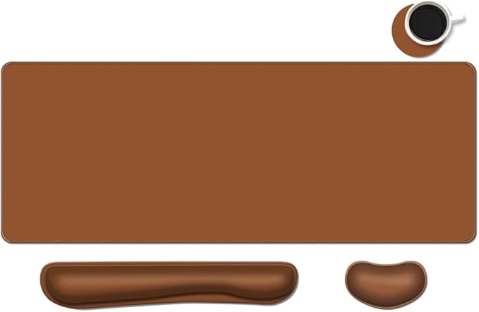 Desk Mat, Large Gaming Mouse Pad with Wrist Rest, 4 in1 XXL Mouse pad+Keyboard Wrist Rest+Mouse Pad Wrist Support+Cup Coaster Set, Ergonomic Desk Pad for Home Office, Coffee Brown