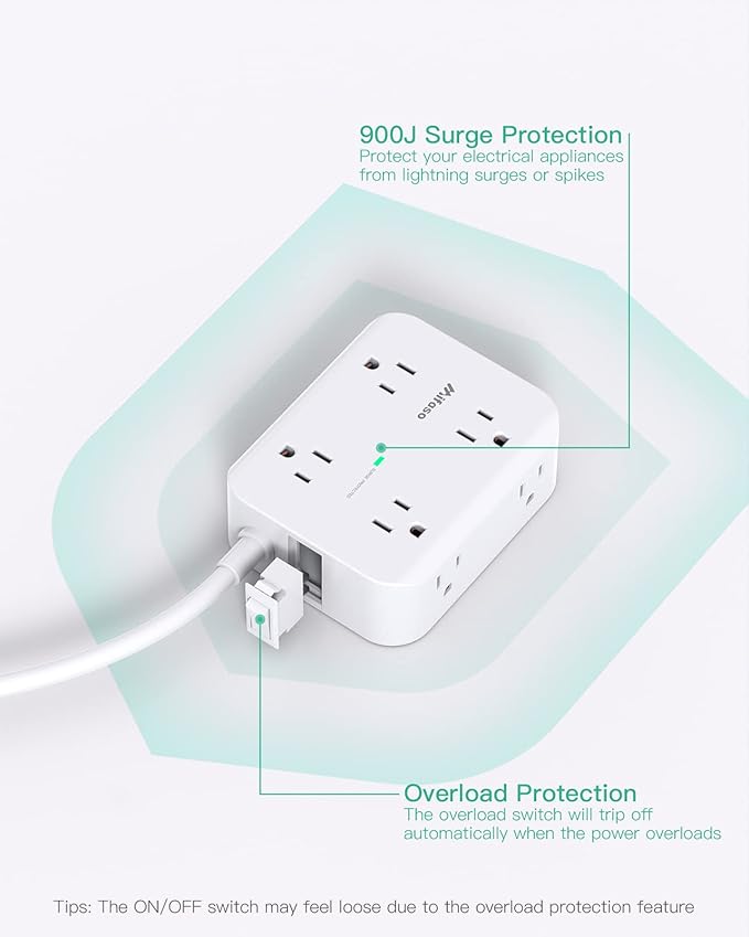 Surge Protector Power Strip 10ft Cord - Flat Plug, Wall Mount, 8 Wide Outlets with 4 USB Ports (1 USB C), Heavy Duty Extension Cord, Charging Station Overload Protection for Home, Office and Dorm