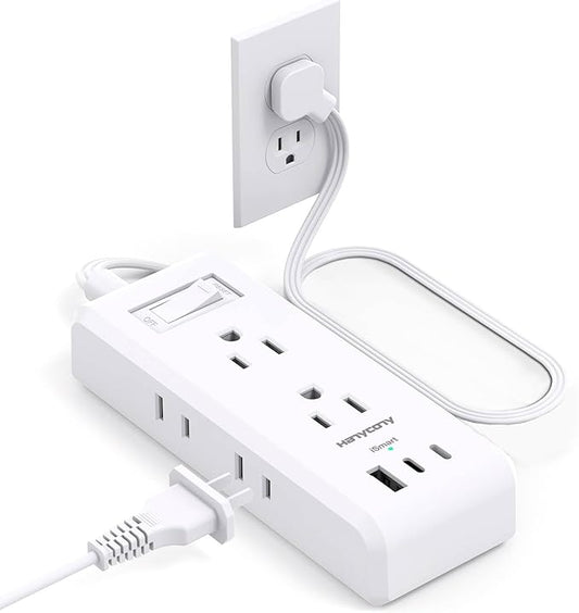 Cruise Ship Essentials, HANYCONY Flat Extension Cord 3 Ft, Ultra Thin Power Strip 6 Outlets 3 USB Ports(2 USB C), Flat Outlet Extender with No Surge Protector for Office Dorm Room Travel Accessories
