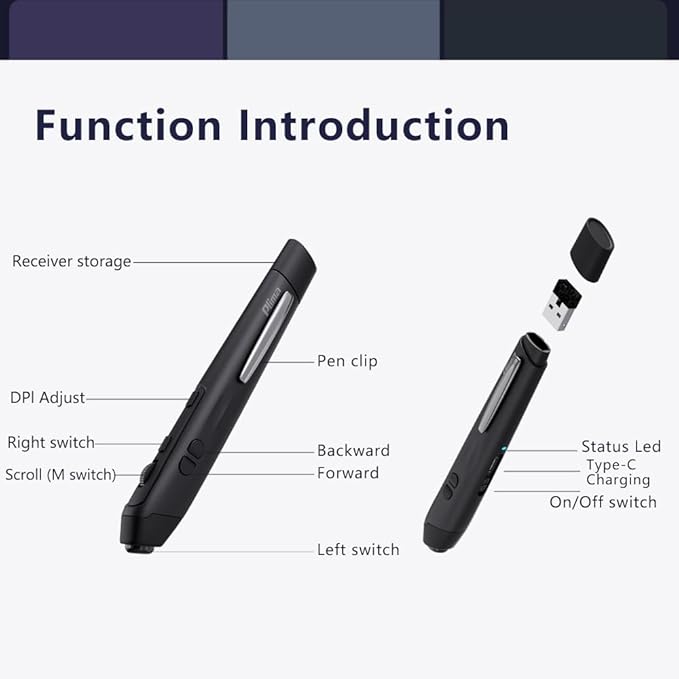 Plima Ergonomic Pen Mouse 2.0 - Dual Mode Bluetooth & 2.4G Wireless Optical Stylus Natural Pen-Tip Press-to-Click Design Pocket-Sized for Laptop, iWindows 7/8/10/11, Android, Linux, Mac OS(Black)