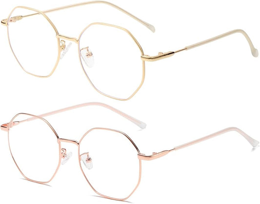 JOVAKIT Polygon Blue Light Blocking Glasses for Women Men Vintage Octagon Square Non-prescription Metal Eyeglasses