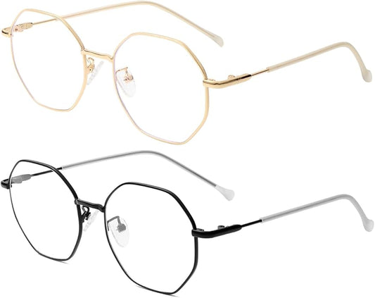 JOVAKIT Polygon Blue Light Blocking Glasses for Women Men Vintage Octagon Square Non-prescription Metal Eyeglasses