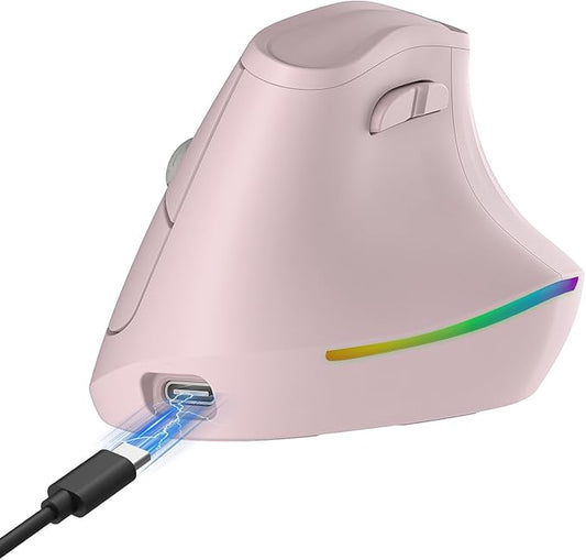 KYSONA 57° Wireless Ergonomic Mouse, Vertical Mouse, Carpal Tunnel Mouse, RGB Light, Rechargeable, Bluetooth & 2.4G, 5-Level DPI Adjustment, Quiet Click Ergo Mice Compatible with PC/Laptop/Mac, Pink