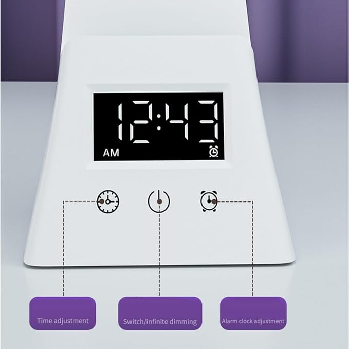 IHAO 3in1 Foldable Eye-Care Desk Lamp with 15W Wireless Charger & Digital Clock Touch Control, 3 Color Temperatures, Alarm, 180° Foldable, Phone Stand, Modern LED Table Lamp TYV-2088 White