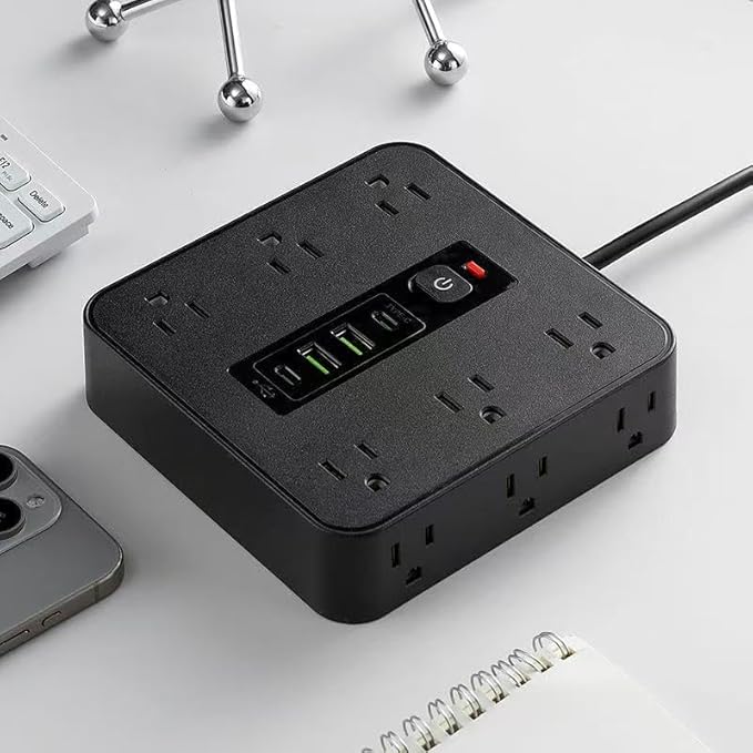 16-in-1 Surge Protector Power Strip with 12 AC Outlets, 4 USB Ports (2 USB-C & 2 USB-A) | 10A Overload Protection, Flat Plug Extension Cord for Home Office Gaming Travel (Black, 6FT)