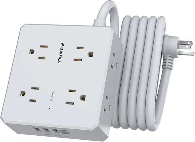 Surge Protector Power Strip - 10 Ft Flat Plug Extension Cord with 8 Widely Outlets and 4 USB Ports(1 USB C), 3 Side Outlet Extender for Home Office, Grey, ETL Listed