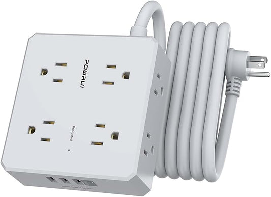 Surge Protector Power Strip - 10 Ft Flat Plug Extension Cord with 8 Widely Outlets and 4 USB Ports(1 USB C), 3 Side Outlet Extender for Home Office, Grey, ETL Listed