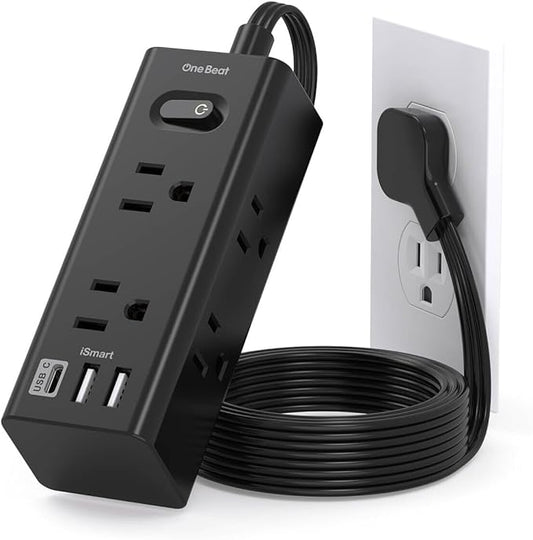 5Ft Extension Cord with Multiple Outlets, Flat Plug Power Strip Surge Protector with 5 Ft Long Cord, 6 Outlet 3 USB Ports (1 USB C), Multi Outlet Wall Plug for Travel, Dorm Room Essentials-Black