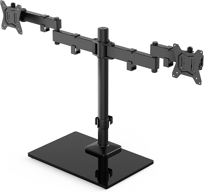 HUANUO Freestanding Dual Monitor Stand, 32 Inch Dual Monitor Mount for 2 Screens, Holds up to 19.8 lbs per Arm, Gaming Monitor Arm Riser with Tempered-Glass Base, Tilt, Swivel, Rotation, Black