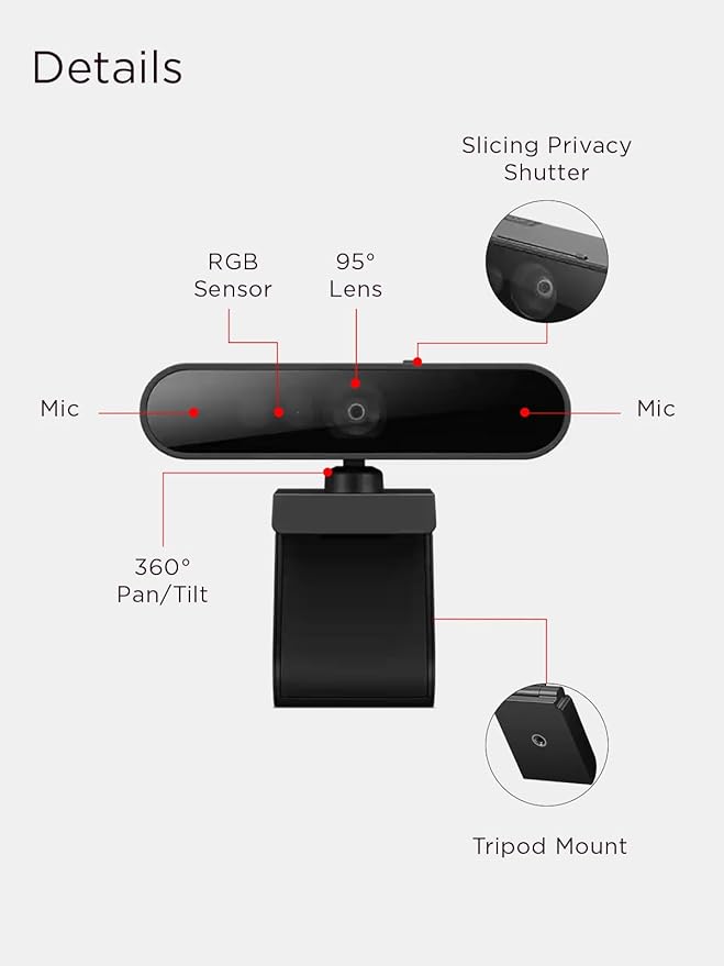 Lenovo Performance FHD 1080p Webcam USB-C,Log-on with Windows Hello, Dual Microphones, 95 Degree Lens and 4X Digital Zoom, Sliding Privacy Shutter, Black