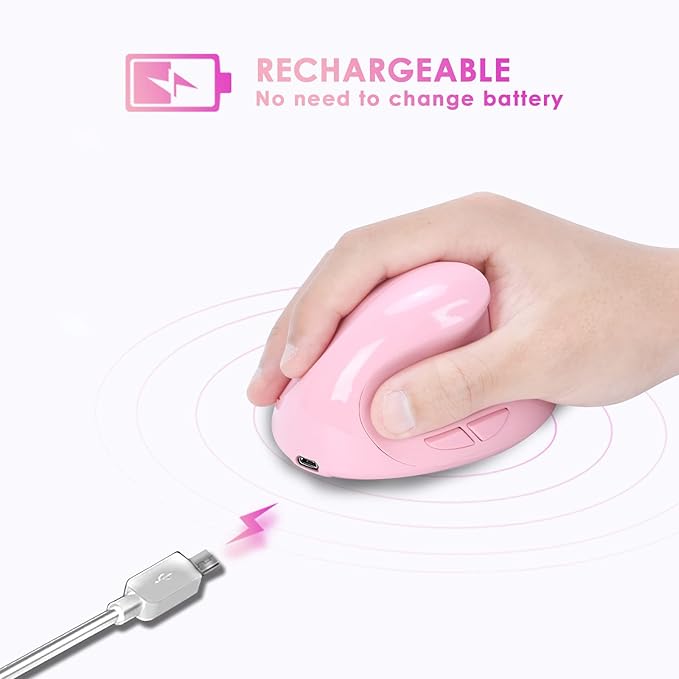 Ergonomic Mouse,Rechargeable Small Vertical Mouse with 6 Buttons Adjustable 800/1200/1600 DPI Pink Wireless Mouse for Laptop Desktop PC Mac
