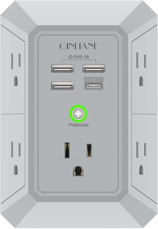 USB Wall Charger, Surge Protector, QINLIANF 5 Outlet Extender with 4 USB Charging Ports(3U1C) 3-Sided 1680J Power Strip Multi Plug Outlets Wall Adapter Spaced for Home Travel Office, Grey