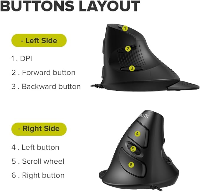 DELUX Wired Ergonomic Vertical Mouse, Vertical Mouse for Medium Hands, Removable Wrist Rest, Silent Click Ergo Mouse, Up to 4200 DPI, 6 Programmable Buttons, Compatible with Laptop/PC (M618XU-Black)