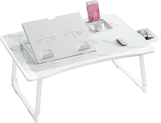 Laptop Desk for Bed, Adjustable Laptops Stand with 6 Different Angles, Portable Lap Tray Table with Storage Drawer and Cup Holder, Laptop Bed Desk Tray for Eating Working Writing Reading (White)