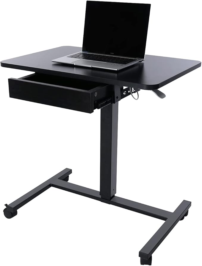 CLATINA Mobile Laptop Standing Desk, Height Adjustable Teacher Podium with Lockable Wheels, Adjustable Work Table with Drawer, Computer Cart Overbed Table for Home Office Classroom, Black