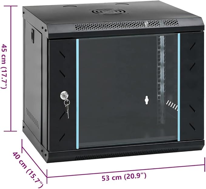 9U Wall Mounted Network Cabinet, 19 Inch Data Server Rack Enclosure with Lockable Toughened Glass Door, IP20 Server Storage for Network Accessories, 20.9 x 15.7 x 17.7 Inches