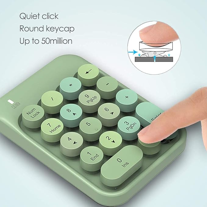 FELICON Wireless Numeric Keypad 18 Keys with 2.4G Mini Portable Silent Number Pad USB Receiver Financial Accounting Keyboard Extensions for Laptop Desktop PC Pro（Green Mix）