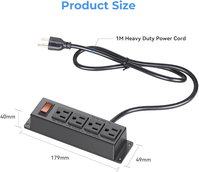 2 Packs Wall Mount Power Outlet Strip, 4 Outlet Mountable Power Strip with Switch, 3ft Cord Under Desk Power Strip for Office/Industrial/Home, Flat Plug, Black
