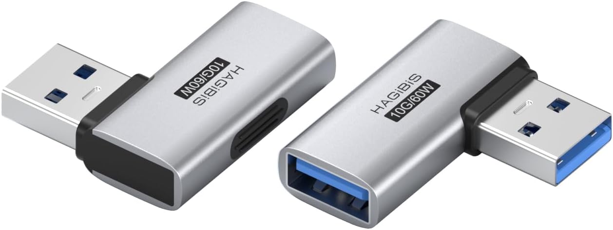 Hagibis USB 3.2 Adapter 2 Pack, 90 Degree Right and Left Angle USB A Male to Female Connector OTG Adapter Cable Extender for Laptops Charger PC Car Mouse Keyboard (Side Front)