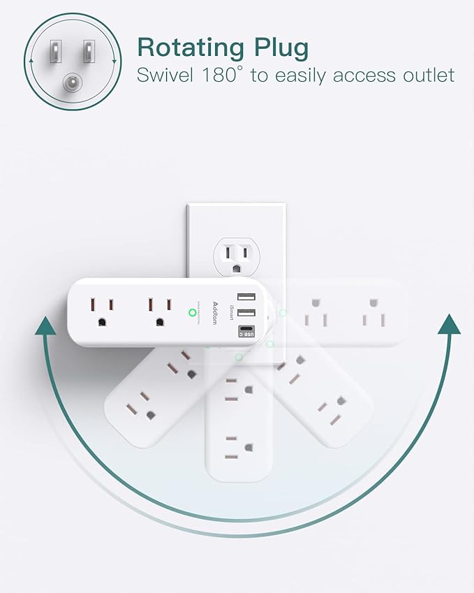 Surge Protector - Outlet Extender with Rotating and Multi Plug with 6 AC 3 USB Ports (1 USB C), 3-Sided Power Strip with Wall Adapter Charger for Home Travel Office, ETL Listed (1800J)