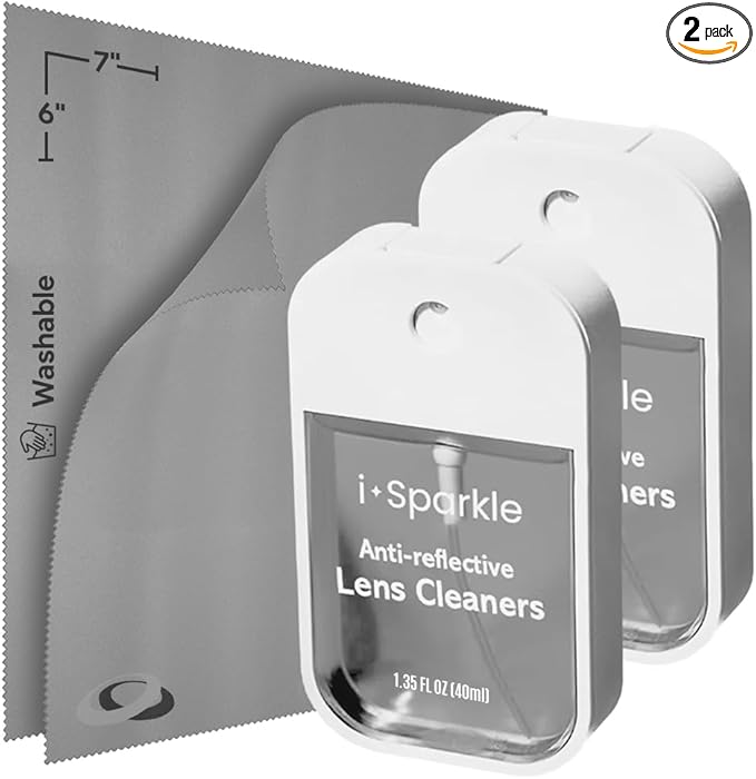 I-Sparkle Anti-Reflective Lens Cleaner Spray kit | (2x) 1.35oz Glasses Cleaner Spray + (2x) Microfiber Cloth for Eyeglasses, Sunglasses, Lenses, Screens and Camera Cleaning Kit (4 Piece Set)