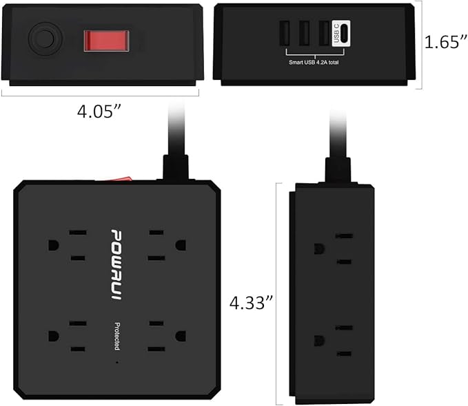 Surge Protector Power Strip - 20 Ft Flat Plug Extension Cord with 8 Widely Outlets and 4 USB Ports(1 USB C), 3 Side Outlet Extender for Home Office, Black, ETL Listed