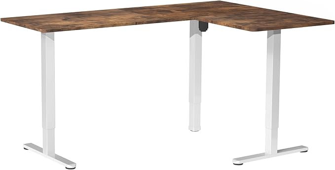 VIVO Corner Standing Desk, 63 x 47 inch Reversible L-Shaped Workstation, Electric Height Adjustment, Home, Office, and Reception Rooms, Rustic Vintage Brown Table Top White Frame, DESK-E3CTWN-47