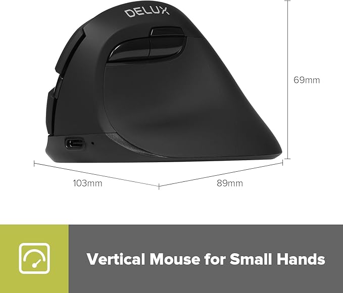 DELUX Wireless Ergonomic Mouse, Vertical Mouse for Small Hands, Silent Click Ergo Mouse, Up to 4000 DPI, 6 Buttons, Rechargeable, 2.4G/BT 5.2 Dual-Mode, Compatible with Laptop/PC (M618MINI-Black)