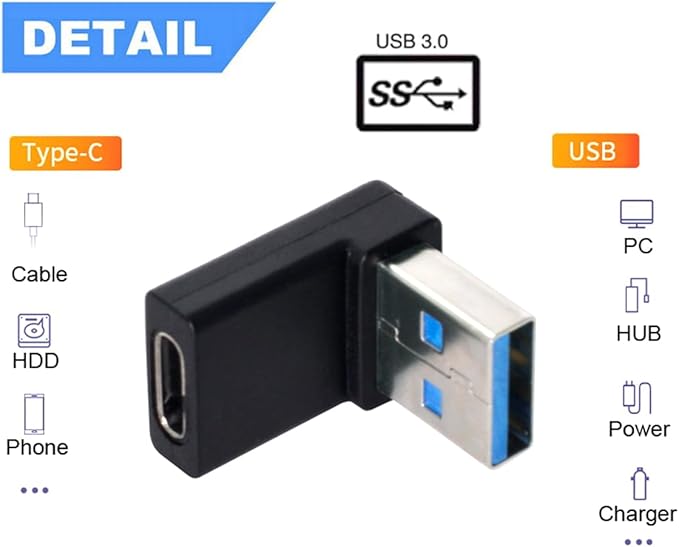 CY USB-C Type C Female 90 Degree Down Angled to USB 3.0 A Male Data Adapter for Laptop Desktop