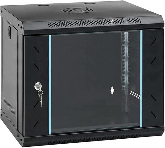 9U Wall Mounted Network Cabinet, 19 Inch Data Server Rack Enclosure with Lockable Toughened Glass Door, IP20 Server Storage for Network Accessories, 20.9 x 15.7 x 17.7 Inches