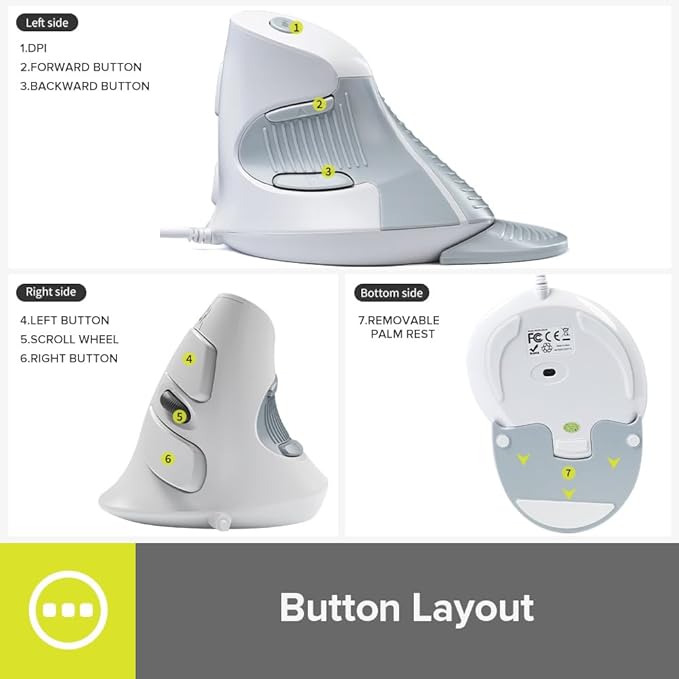 DELUX Wired Ergonomic Vertical Mouse, Vertical Mouse for Medium Hands, Removable Wrist Rest, Silent Click Ergo Mouse, Up to 4200 DPI, 6 Programmable Buttons, Compatible with Laptop/PC (M618XU-White)