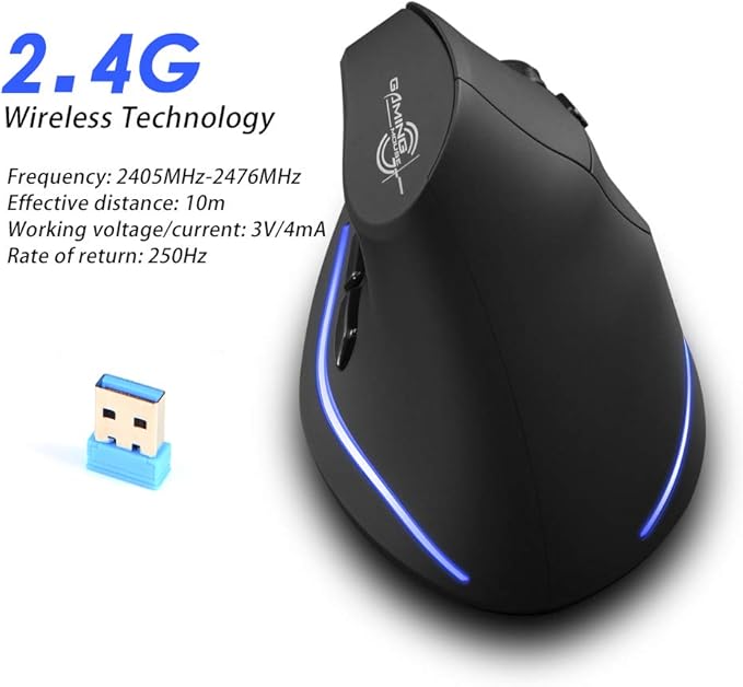 zelotes Wireless Ergonomic Mouse,2400 DPI (3-Level Adjustable),Rechargeable Vertical Mouse for Reduced Wrist Strain,LED Lighting,2.4G with USB Receiver,Optical Portable Mice for/Laptop/PC (Black)