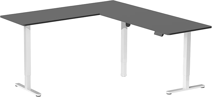 VIVO Corner Standing Desk, 75 x 63 inch Reversible L-Shaped Workstation, Electric Height Adjustment, Home, Office, and Reception Rooms, Black Table Top White Frame, DESK-E3CTWB-75