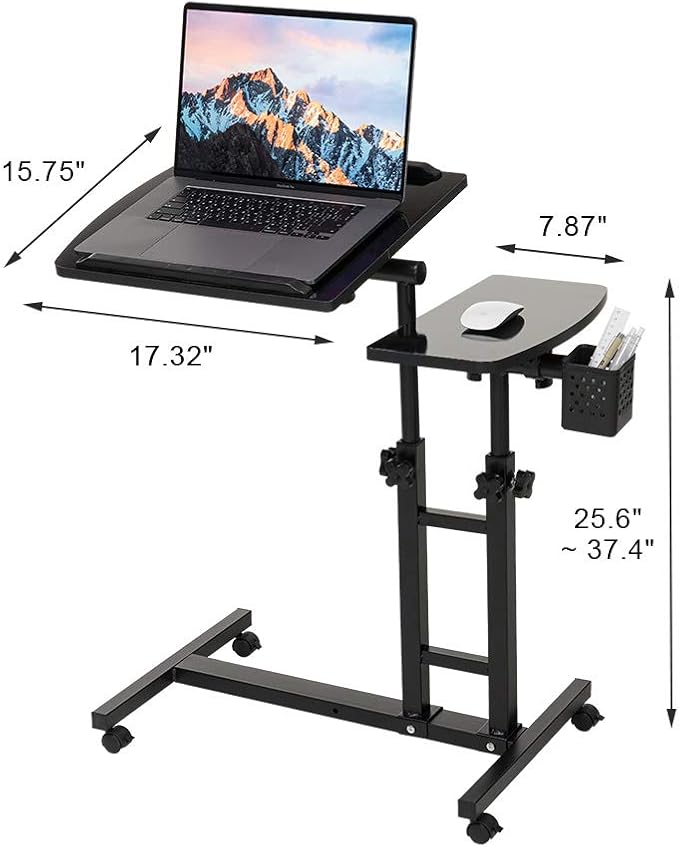 Adjustable Laptop Desk with Wheels, Laptop cart, Over Bed, Bed Side Table, Tiltable Table and Laptop Stand-Black