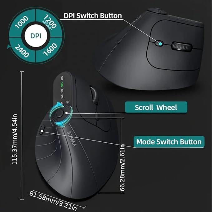 JOMAA Wireless 2.4G & Dual Bluetooth Three-Channel Ergonomic Vertical Mouse Adjustable DPI, Multi-Function Turntable for PC, Laptop, MacBook, Rechargeable (Black)