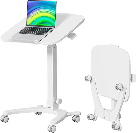 Foldable Mobile Standing Desk, 27"×21" Portable Rolling Laptop Cart with 90° Tiltable Board, Height Adjustable Workstation with Wheels, Folding Table for Home Office, White