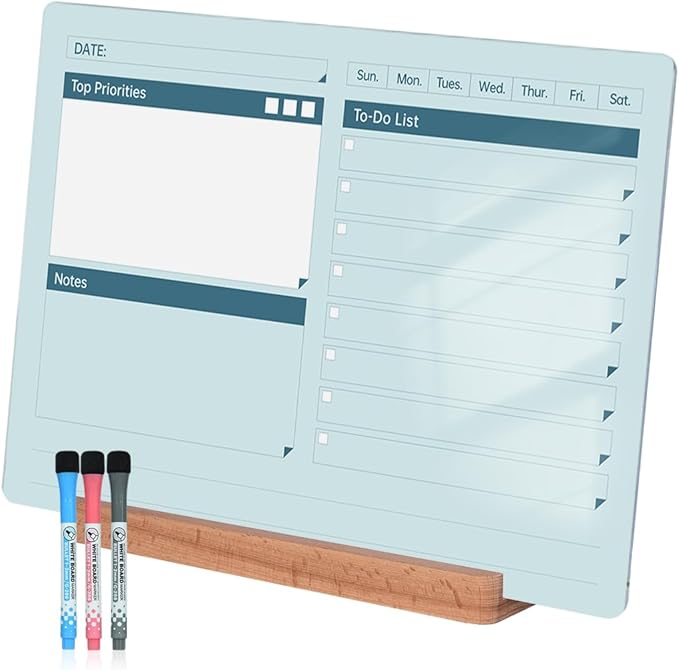 Acrylic Dry Erase to-Do List Board with Solid Wood Base, 9x13 Desktop Whiteboard Planner, Task Organizer for Office/Home/School, Includes 3 Dry Erase Markers (Blue)