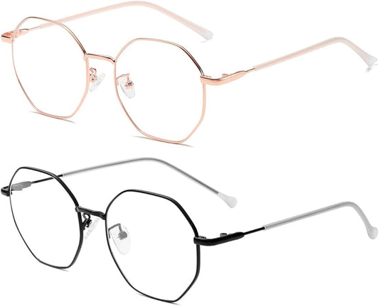 JOVAKIT Polygon Blue Light Blocking Glasses for Women Men Vintage Octagon Square Non-prescription Metal Eyeglasses