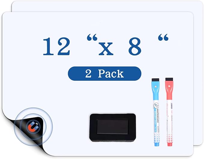 Magnetic Whiteboard for Fridge - 12x8 Inch Flexible Memo Board, Comes with 2 Markers and 1 Eraser, Refrigerator Memo Board for Kitchen, Office, and Home