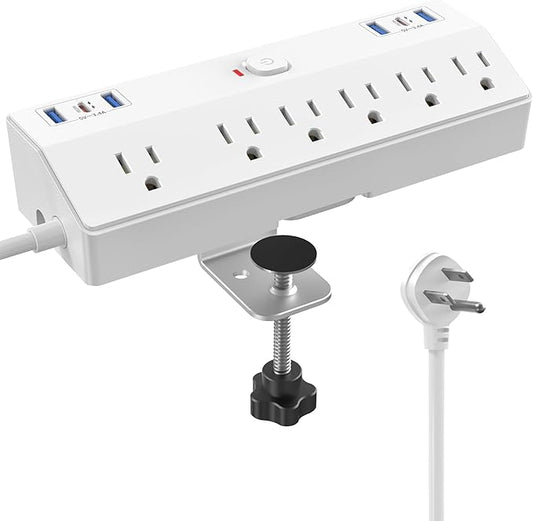 40W Fast Charging Station, Desk Clamp Power Strip 10FT Extension Cord, JXGUCAT Removable Desk Mount Flat Plug Power Strip Surge Protector, 2 USB-C Ports, 6 Outlets, Fits 1.8" Tabletop Edge