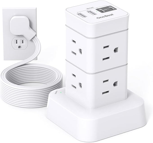 One Beat Tower Surge Protector Power Strip 10 ft,Long Flat Extension Cord with Multiple Outlets,8 AC Outlets with 4 USB Ports,Desktop Charging Station for Multiple Devices,for Home Office College Dorm