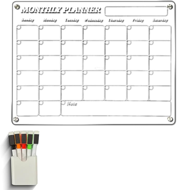 Acrylic Monthly Calendar - Home Organization Board Refrigerator Schedule Planner for Fridge or Wall, Magnetic Calendar for Refrigerator, Dry Erase Whiteboard (17x13 inches)