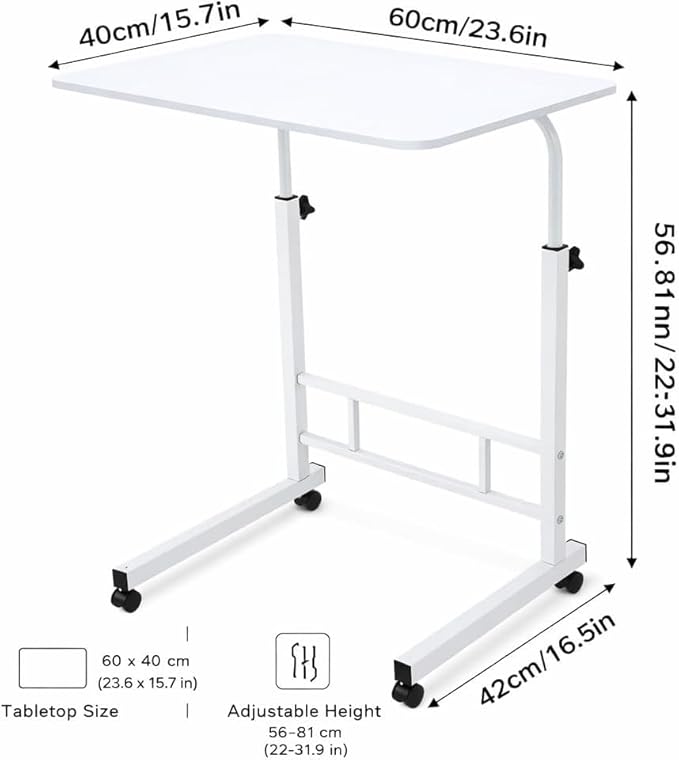 Mobile Standing Desk Adjustable Height for Laptop – Small Rolling Desk & Portable Table on Wheels – Small Standing Table with Wheels for Home Office (White)