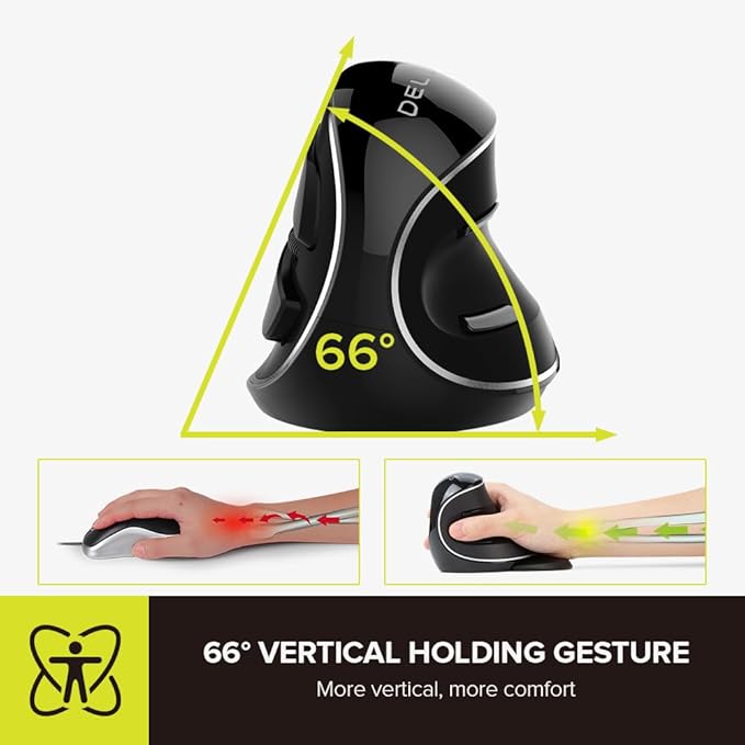 DELUX Ergonomic Vertical Mouse, Wireless Ergo Mouse for Large Hands, 2.4G Connection, Silent Clicks, Up to 1600 DPI,6 Buttons, Removable Wrist Rest, Compatible with Laptop/PC (M618Plus Wireless-Black)