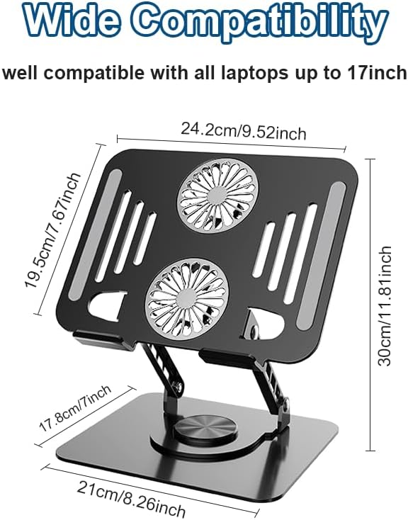 Laptop Cooling Stand with Fan and 360 ° Rotating Base, Adjustable Height, for Desk Gaming/Office Movie Watching and Screen Sharing, Portable Computer Notebook Stand Compatible Up to 17 Inches