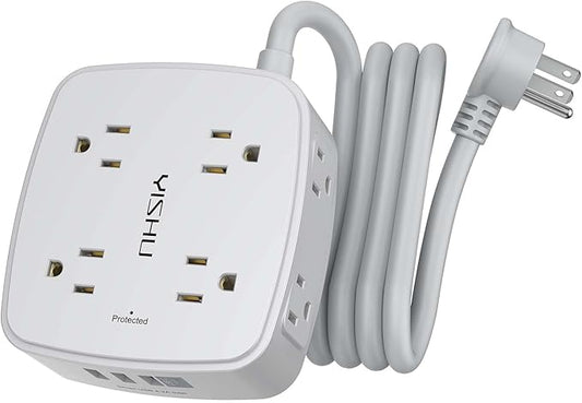 6 Ft Surge Protector Power Strip - 8 Widely Outlets with 4 USB Ports, 3 Side Outlet Extender with 6 Feet Extension Cord, Flat Plug, Wall Mount, Desk USB Charging Station, ETL, Grey
