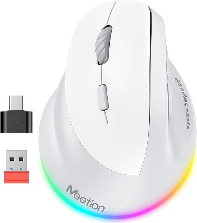 MEETION Left-Handed Mouse, Ergonomic Mouse Wireless Vertical Mouse, RGB Mice for Bluetooth(5.2 + 3.0) & USB-A with Type-c Adapter 4 Adjustable DPI for Mac/Windows/PC/Tablet/iPad Gray